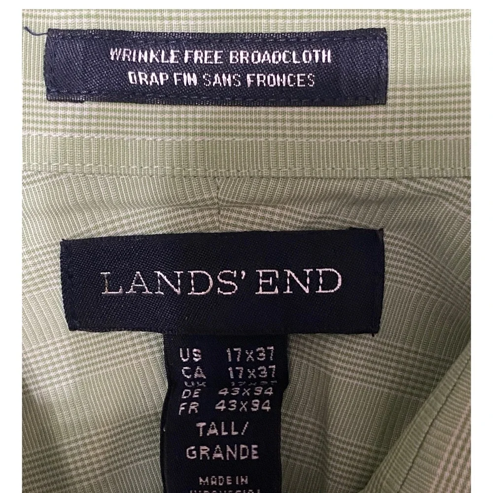 Lands' End Button Down Shirt Mens 17x37 Green Preppy Wrinkle Free Broadcloth